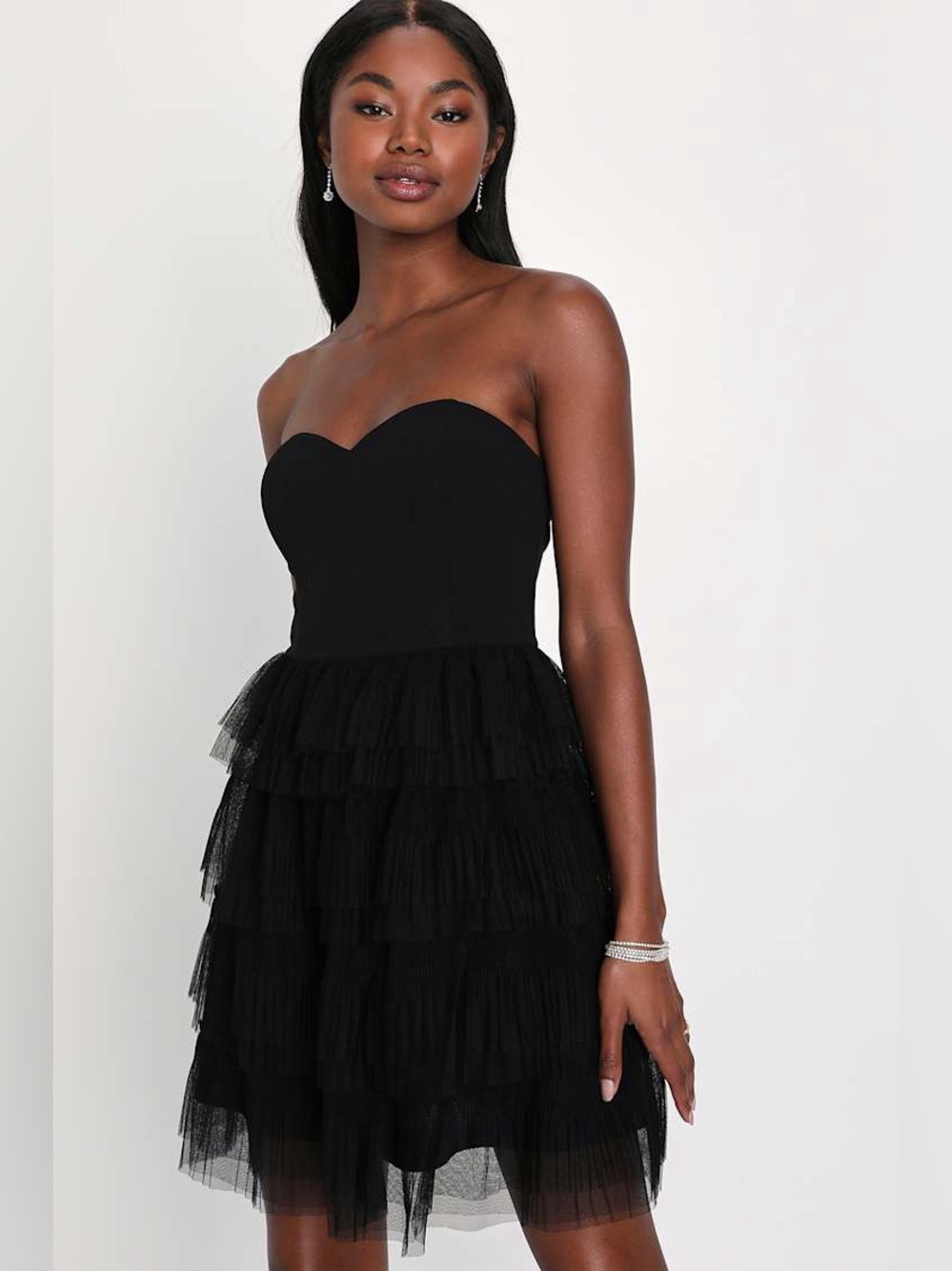 Lulu's Black Strapless Sweetheart Tiered Tulle Dress